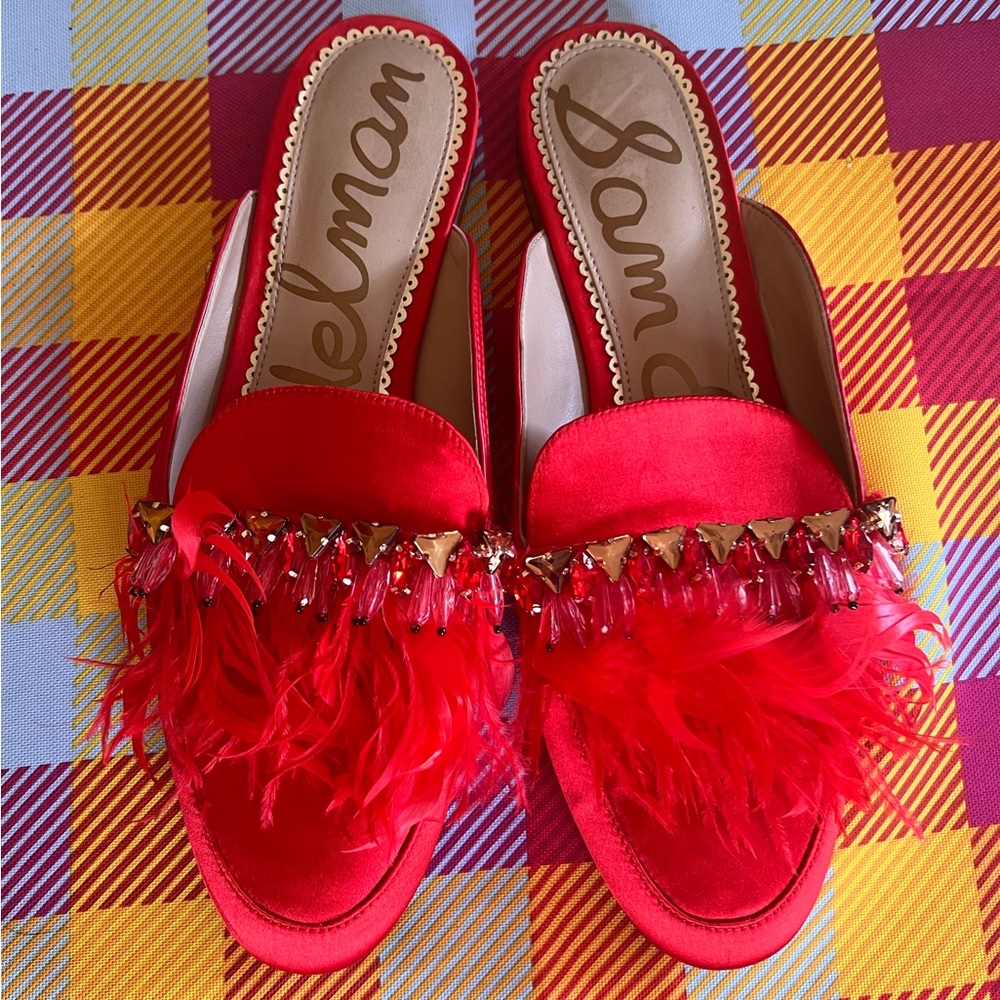 Sam Edelman Red Satin Feather Mule Flats